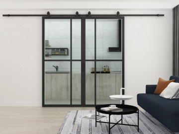 Dubbele stalen schuifdeuren woonkamer  met zwarte plaat gesloten vintage nr 1