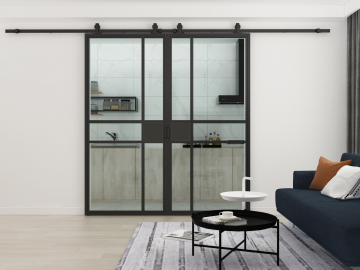 Dubbele stalen schuifdeuren woonkamer  met zwarte plaat gesloten