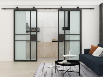 Dubbele stalen schuifdeuren woonkamer  met zwarte plaat