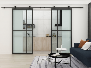 Dubbele stalen schuifdeuren woonkamer op maat 6 vakken helder glas geopend