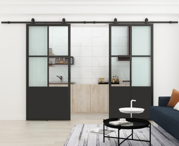 Geopende dubbele staaldeuren schui 6 vaks en gesloten onderzijde