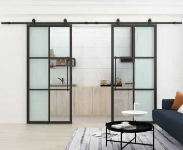 Geopende dubbele staaldeuren schui 6 vaks met rechte greep