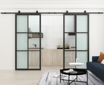 Geopende dubbele staaldeuren schui 6 vaks