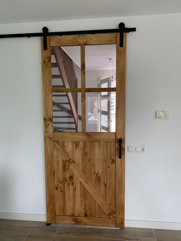 Grenen schuifdeur met glas oud bruin