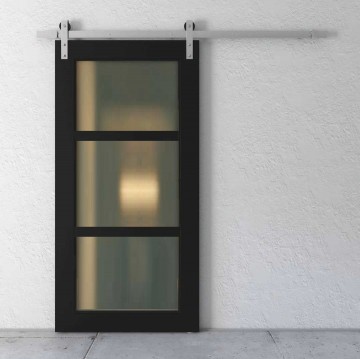 Houten schuifdeur met industrieel kader en glas 3 vak