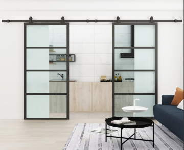 Stalen schuifdeur met 4 vakken glas op maat en suite open