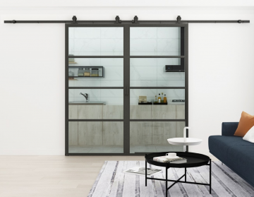 Stalen schuifdeur met 4 vakken glas op maat en suite