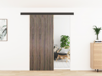 Teak zwart vilt schuifdeur met akoestisch paneel