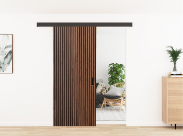 Walnoot zwart vilt schuifdeur met akoestische paneel en handgrepen